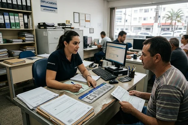 Despachante explicando processo de emplacamento.